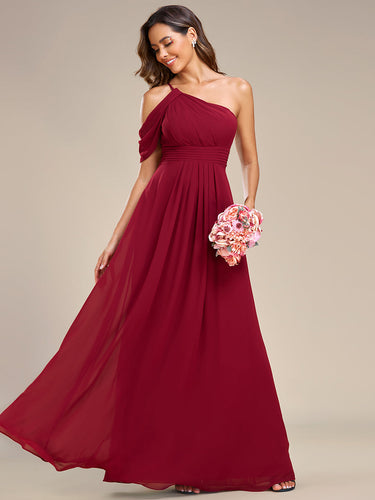Color=Burgundy | One Shoulder Pleated Chiffon Wholesale Bridesmaid Dresses-Burgundy 1