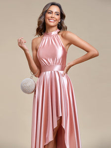 Color=Pink | High Low Halter Neck Stain Wholesale Bridesmaid Dresses-Pink 5