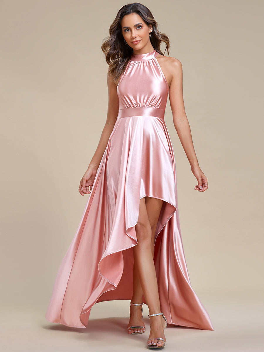 Color=Pink | High Low Halter Neck Stain Wholesale Bridesmaid Dresses-Pink 1
