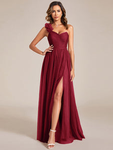 Color=Burgundy | Backless One Shoulder Pleated Split Tulle Wholesale Bridesmaid Dresses-Burgundy 3
