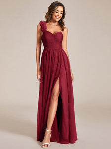 Color=Burgundy | Backless One Shoulder Pleated Split Tulle Wholesale Bridesmaid Dresses-Burgundy 4