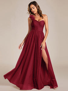 Color=Burgundy | Backless One Shoulder Pleated Split Tulle Wholesale Bridesmaid Dresses-Burgundy 1