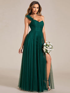 Color=Dark Green | Backless One Shoulder Pleated Split Tulle Wholesale Bridesmaid Dresses-Dark Green 10