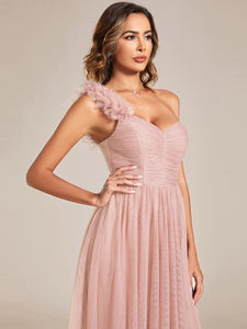 Color=Pink | Backless One Shoulder Pleated Split Tulle Wholesale Bridesmaid Dresses-Pink 