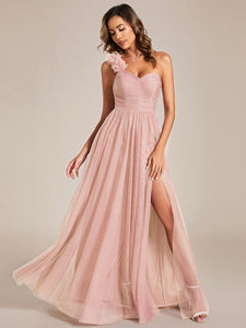 Color=Pink | Backless One Shoulder Pleated Split Tulle Wholesale Bridesmaid Dresses-Pink 