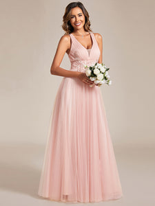 Color=Pink | Backless V Neck Appliques Mesh Wholesale Bridesmaid Dresses-Pink 9