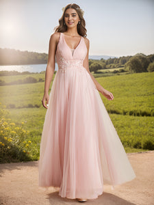 Color=Pink | Backless V Neck Appliques Mesh Wholesale Bridesmaid Dresses-Pink 8