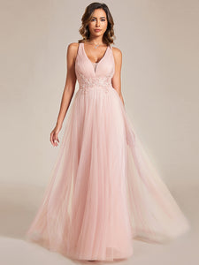 Color=Pink | Backless V Neck Appliques Mesh Wholesale Bridesmaid Dresses-Pink 