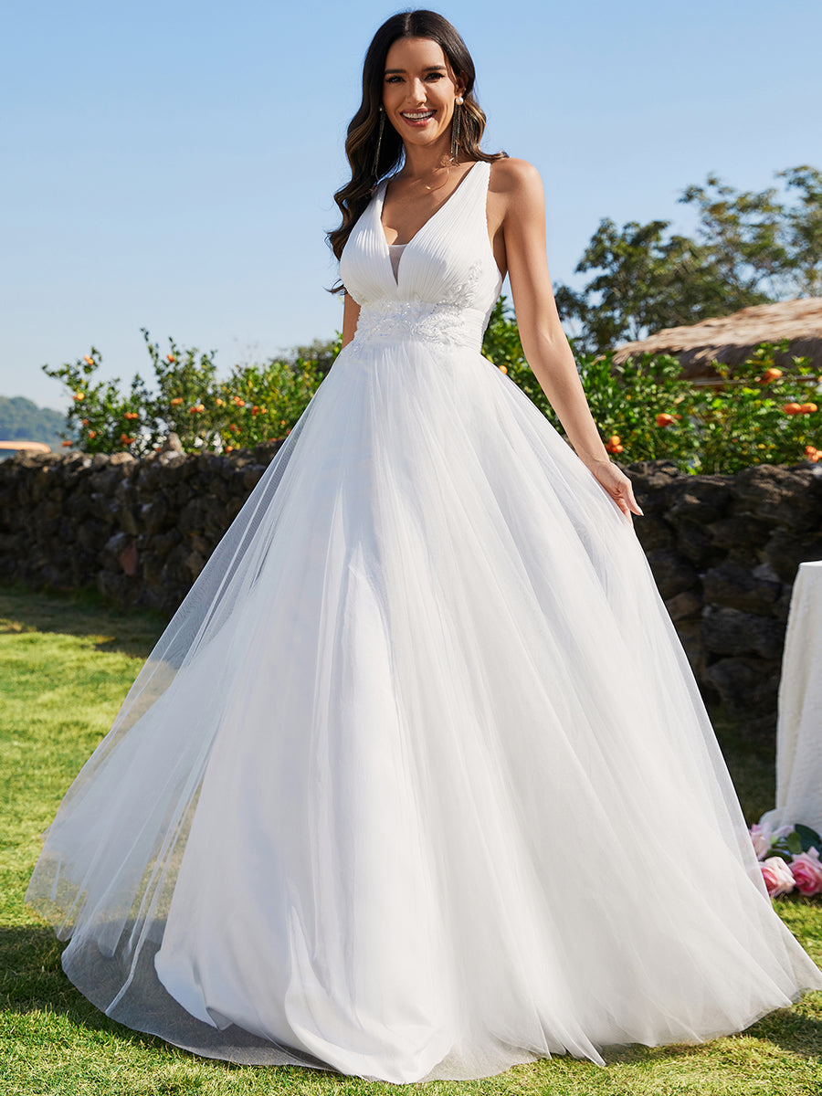 Color=White | Backless V Neck Appliques Mesh Wholesale Bridesmaid Dresses-White 1