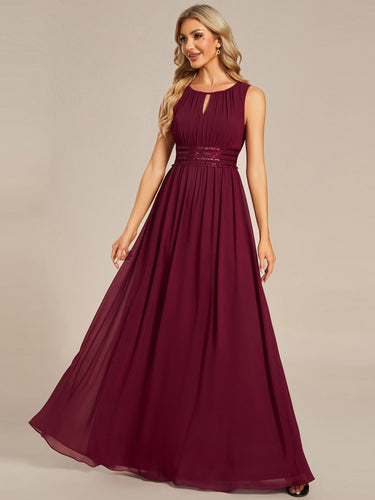 Color=Burgundy | Elegant Sleeveless Pleated Sequin Wholesale Bridesmaids Dress-Burgundy 1