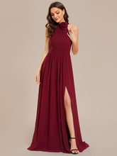 Load image into Gallery viewer, Color=Burgundy | Wholesale Chiffon Halter Neckline Sleeveless Evening Dresses-Burgundy 1
