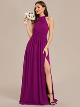 Load image into Gallery viewer, Color=Fuchsia | Wholesale Chiffon Halter Neckline Sleeveless Evening Dresses-Fuchsia 15