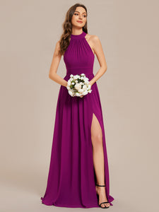 Color=Fuchsia | Wholesale Chiffon Halter Neckline Sleeveless Evening Dresses-Fuchsia 16