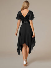 Load image into Gallery viewer, Color=Black | Deep V Neck Chiffon Wholesale Evening Gown With Short Sleeves-Black 2