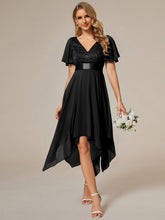 Load image into Gallery viewer, Color=Black | Deep V Neck Chiffon Wholesale Evening Gown With Short Sleeves-Black 1