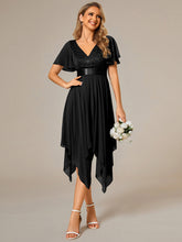 Load image into Gallery viewer, Color=Black | Deep V Neck Chiffon Wholesale Evening Gown With Short Sleeves-Black 5
