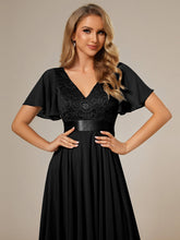 Load image into Gallery viewer, Color=Black | Deep V Neck Chiffon Wholesale Evening Gown With Short Sleeves-Black 4