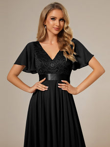 Color=Black | Deep V Neck Chiffon Wholesale Evening Gown With Short Sleeves-Black 4