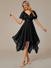 Load image into Gallery viewer, Color=Black | Deep V Neck Chiffon Wholesale Evening Gown With Short Sleeves-Black 3