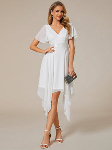 Color=Cream | Deep V Neck Chiffon Wholesale Evening Gown With Short Sleeves-Cream 4