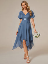 Load image into Gallery viewer, Color=Dusty Navy | Deep V Neck Chiffon Wholesale Evening Gown With Short Sleeves-Dusty Navy 3