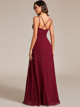 Load image into Gallery viewer, Color=Burgundy | Plunging Neck Split Spaghetti Strap Back X-Cross Bridesmaid Dress-Burgundy 3