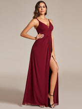 Load image into Gallery viewer, Color=Burgundy | Plunging Neck Split Spaghetti Strap Back X-Cross Bridesmaid Dress-Burgundy 1