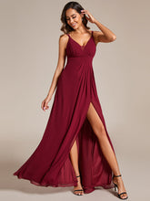 Load image into Gallery viewer, Color=Burgundy | Plunging Neck Split Spaghetti Strap Back X-Cross Bridesmaid Dress-Burgundy 5