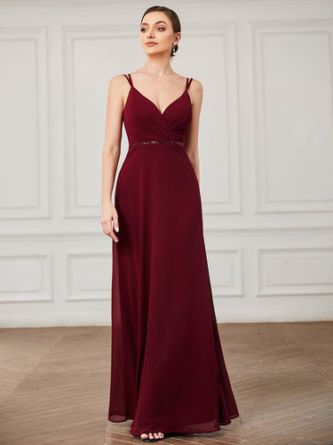 Color=Burgundy | Deep V Neck A Line Backless Wholesale Bridesmaid Dresses-Burgundy 1