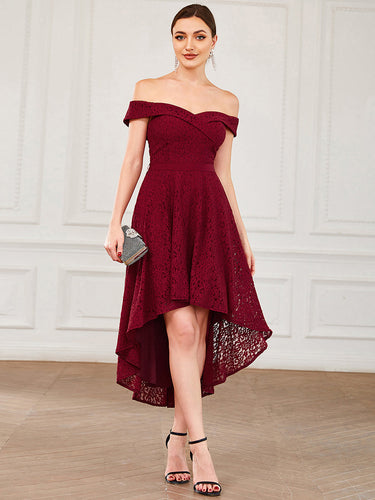 Color=Burgundy | Off Shoulder Asymmetrical Hem Knee Length Wholesale Bridesmaid Dresses-Burgundy 1