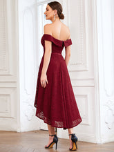 Load image into Gallery viewer, Color=Burgundy | Off Shoulder Asymmetrical Hem Knee Length Wholesale Bridesmaid Dresses-Burgundy 2