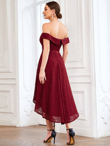 Color=Burgundy | Off Shoulder Asymmetrical Hem Knee Length Wholesale Bridesmaid Dresses-Burgundy 2
