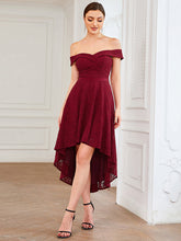 Load image into Gallery viewer, Color=Burgundy | Off Shoulder Asymmetrical Hem Knee Length Wholesale Bridesmaid Dresses-Burgundy 3