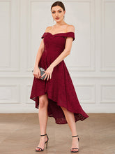 Load image into Gallery viewer, Color=Burgundy | Off Shoulder Asymmetrical Hem Knee Length Wholesale Bridesmaid Dresses-Burgundy 4