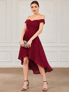 Color=Burgundy | Off Shoulder Asymmetrical Hem Knee Length Wholesale Bridesmaid Dresses-Burgundy 4