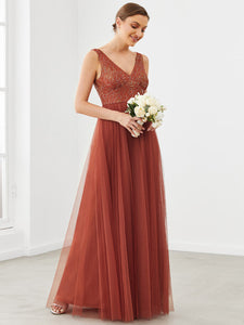 Color=brick-red | Backless Deep V Neck Sleeveless A Line Wholesale Bridesmaid Dresses-brick-red 3