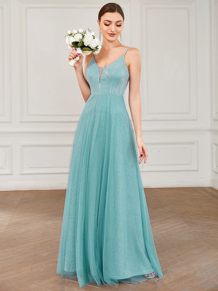 Color=Dusty blue | Elegant V Neck A Line Spaghetti Straps Wholesale Bridesmaid Dresses-Dusty blue 1