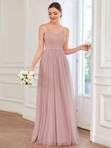 Color=Dusty Rose | A Line Deep V Neck Spaghetti Straps Wholesale Bridesmaid Dresses-Dusty Rose 3