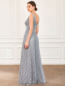 Color=Grey | Sleeveless Split Deep V Neck Wholesale Bridesmaid Dresses-Grey 2