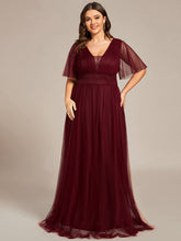 Load image into Gallery viewer, Color=Burgundy | Deep V-Neck Short Ruffles Sleeves A Line Wholesale Bridesmaid Dresses-Burgundy 1
