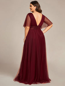 Color=Burgundy | Deep V-Neck Short Ruffles Sleeves A Line Wholesale Bridesmaid Dresses-Burgundy 2