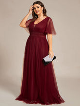 Load image into Gallery viewer, Color=Burgundy | Deep V-Neck Short Ruffles Sleeves A Line Wholesale Bridesmaid Dresses-Burgundy 3