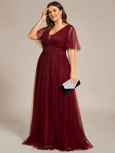 Color=Burgundy | Deep V-Neck Short Ruffles Sleeves A Line Wholesale Bridesmaid Dresses-Burgundy 3