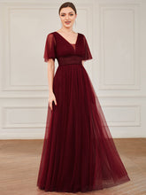 Load image into Gallery viewer, Color=Burgundy | Deep V-Neck Short Ruffles Sleeves A Line Wholesale Bridesmaid Dresses-Burgundy 1