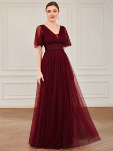 Color=Burgundy | Deep V-Neck Short Ruffles Sleeves A Line Wholesale Bridesmaid Dresses-Burgundy 1
