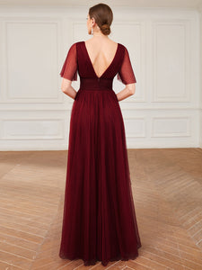 Color=Burgundy | Deep V-Neck Short Ruffles Sleeves A Line Wholesale Bridesmaid Dresses-Burgundy 2