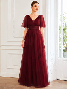 Color=Burgundy | Deep V-Neck Short Ruffles Sleeves A Line Wholesale Bridesmaid Dresses-Burgundy 3
