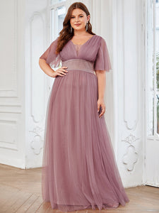 Color=Orchid | Deep V-Neck Short Ruffles Sleeves A Line Wholesale Bridesmaid Dresses-Orchid 4