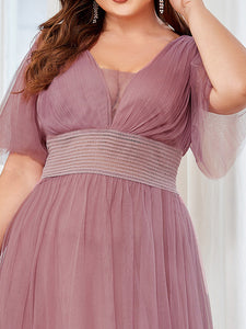 Color=Orchid | Deep V-Neck Short Ruffles Sleeves A Line Wholesale Bridesmaid Dresses-Orchid 5