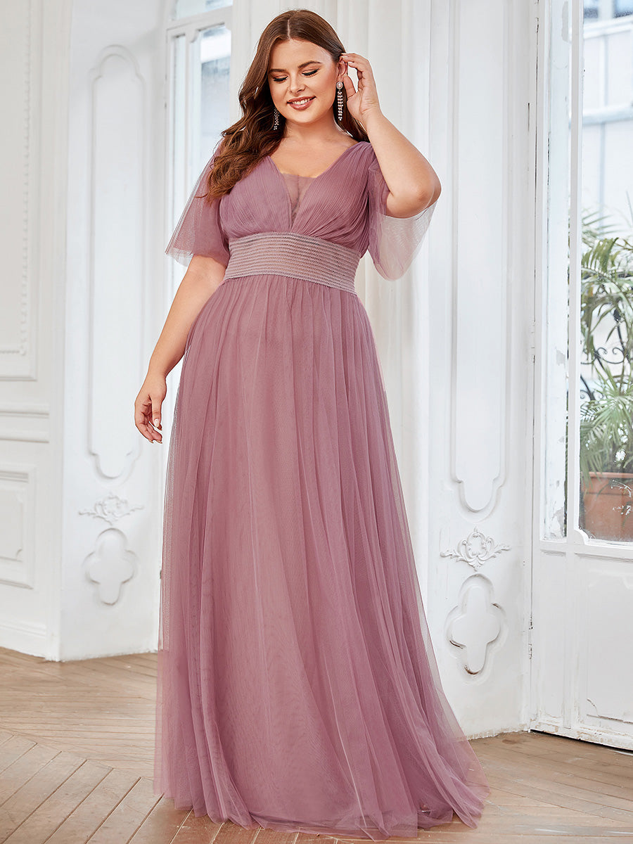 Color=Orchid | Deep V-Neck Short Ruffles Sleeves A Line Wholesale Bridesmaid Dresses-Orchid 1